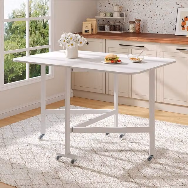 Livingandhome Modern White Rectangular Folding Drop Leaf Dining Table with Castors