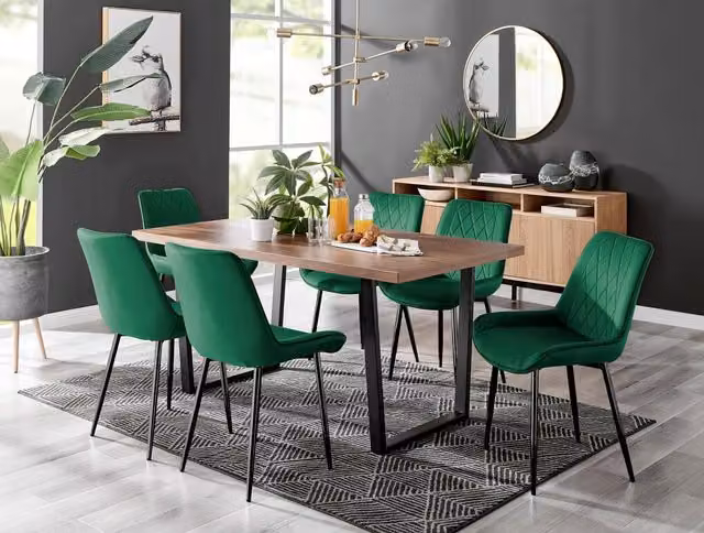 FurnitureboxUK Kylo Brown Wood Effect Dining Table and 6 Green Pesaro Velvet Chairs with Black Legs – 1