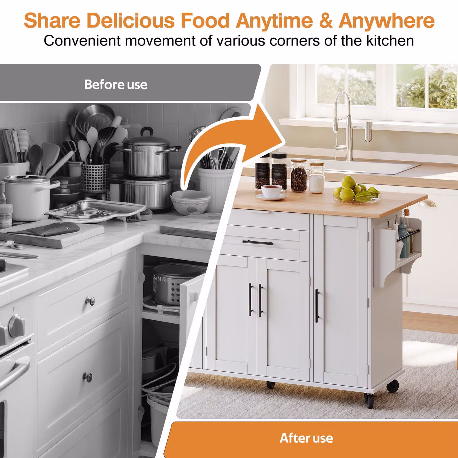 Aosom UK Modern Kitchen Trolley with Fold-Out Worktop and Double-Door Cabinets, White and Natural, W: 70 cm, D: 70 cm, H: 92 cm – 5