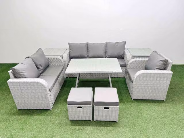 Fimous Patio Dining Set with Reclining Chair and 2 Side Tables in Light Grey