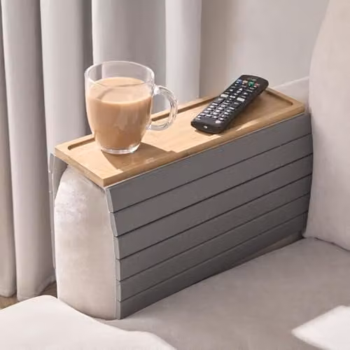 OHS Foldable Bamboo Wood Sofa Arm Tray with Anti-Slip Backing in Grey/Brown/Multicolour