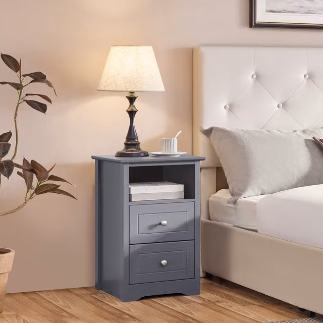 Yaheetech Modern Bedside Table with 2 Drawers and Shelf in Grey