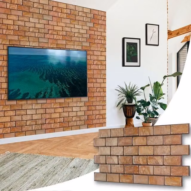 NOVECRAFTO 3D PVC Wall Panels with Rustic Brick Effect in Brown, W: 96 cm, H: 48 cm, Pack of 6