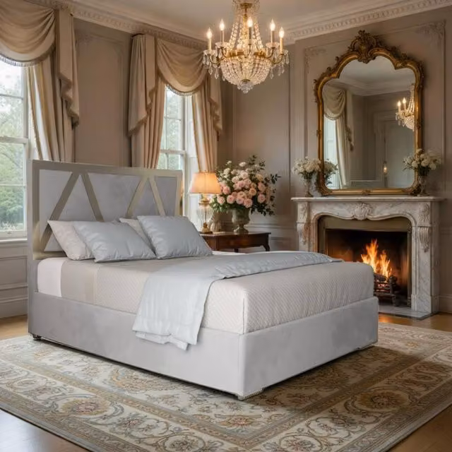KDMD Eskdale Small Double Upholstered Velvet and Metal Designer Bed Frame in Grey