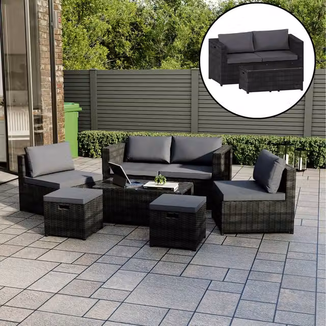 Vida Designs Islay 6 Seater Outdoor Rattan Garden Furniture Set in Black and Grey