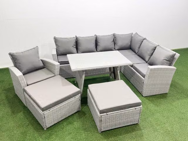 Fimous 9 Seater Rattan Garden Furniture Set with Corner Sofa in Light Grey