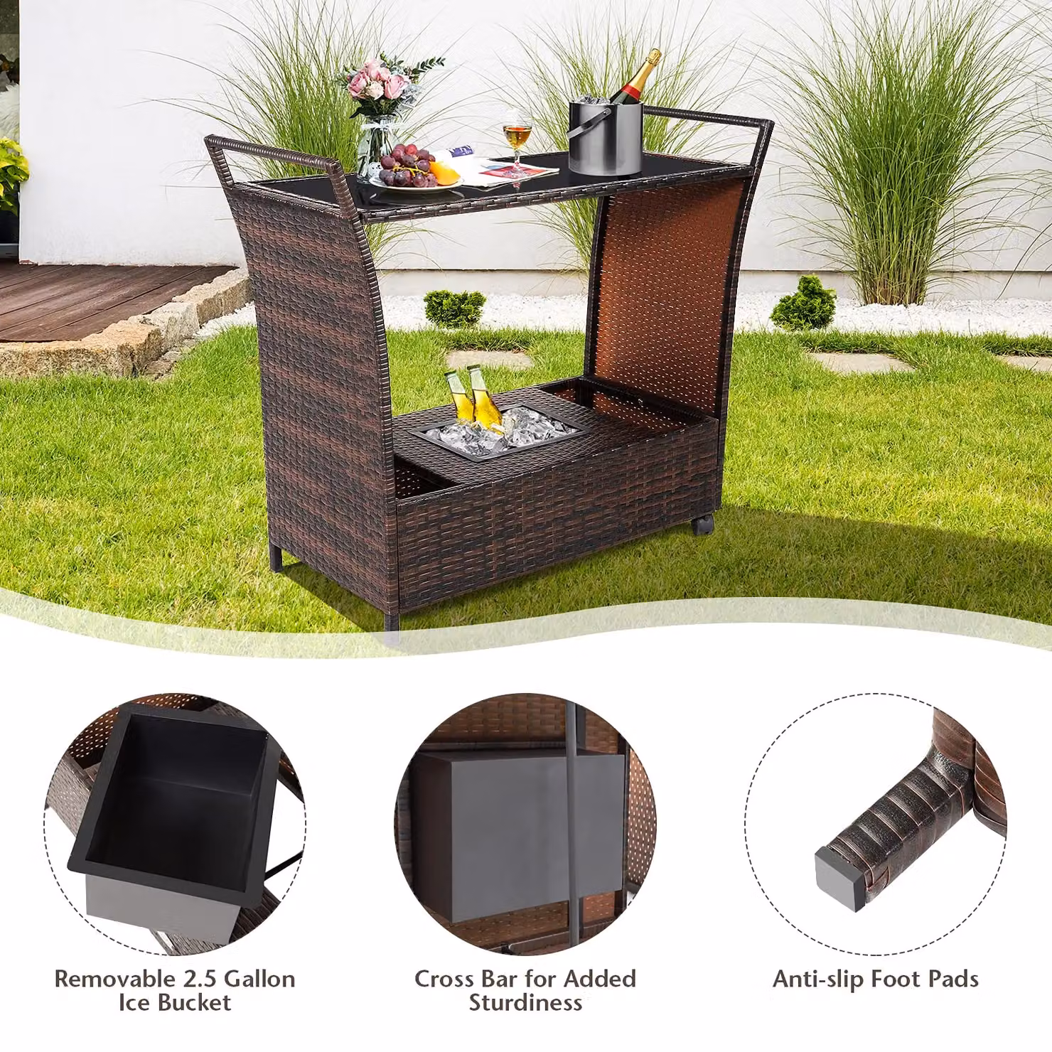 FURNITURE ONE Rattan Serving Trolley Bar Cart with Removable Ice Bucket in Brown – 4