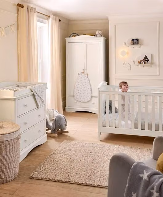 Mamas & Papas Flyn 3 Piece Cotbed Range with Dresser Changer and Wardrobe in White