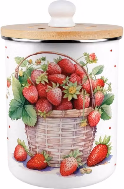 Purely Home Strawberry Basket Food Waste Caddy, Red and White Enamel Metal Kitchen Compost Bin with Bamboo Lid, 2 l