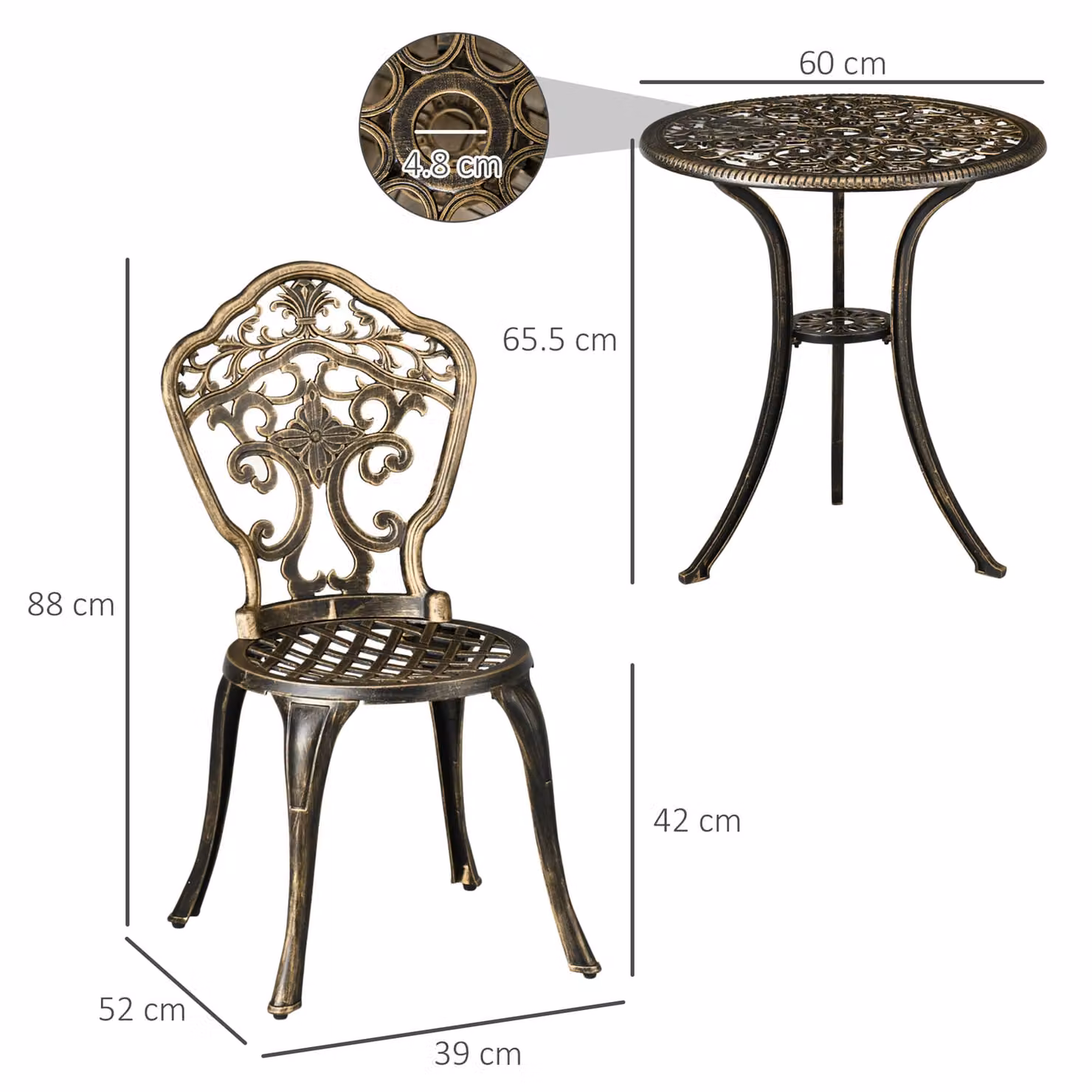 Outsunny 3 Piece Cast Aluminium Garden Bistro Set with Parasol Hole in Bronze Brown – 3