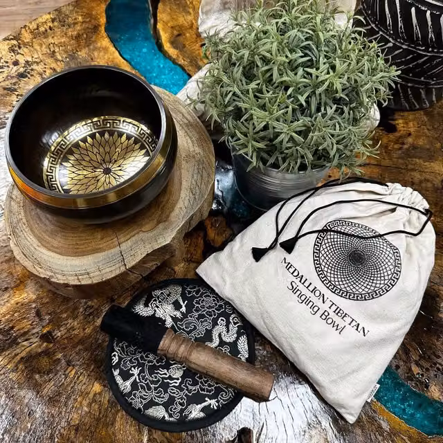 KDMK Hand Beaten Engraved Singing Bowl Gift Set with Round Medallions, Gold