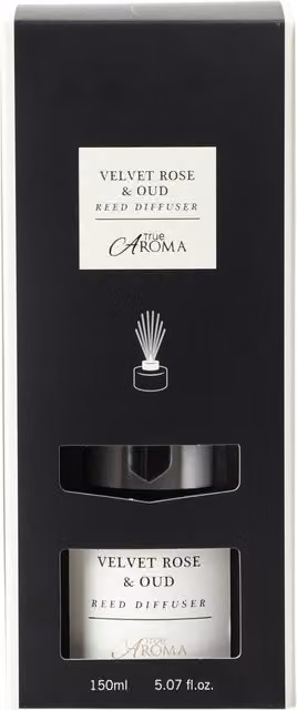 True Aroma Modern Reed Diffuser in Black with Velvet Rose and Oud Floral and Woody Scents