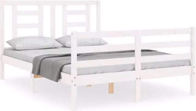 Berkfield Home Solid Wood Pine Bed Frame with Headboard in White, W/D/H: 140 x 190 cm – 1