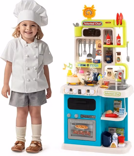 Costway Kids Pretend Play Kitchen with 95 Accessories in Blue and Multicolour