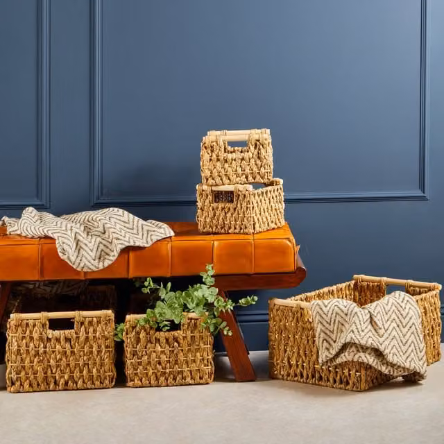 Orsina Lidi Set of Five Open Weave Water Hyacinth Storage Baskets with Handles in Beige and Brown – 1