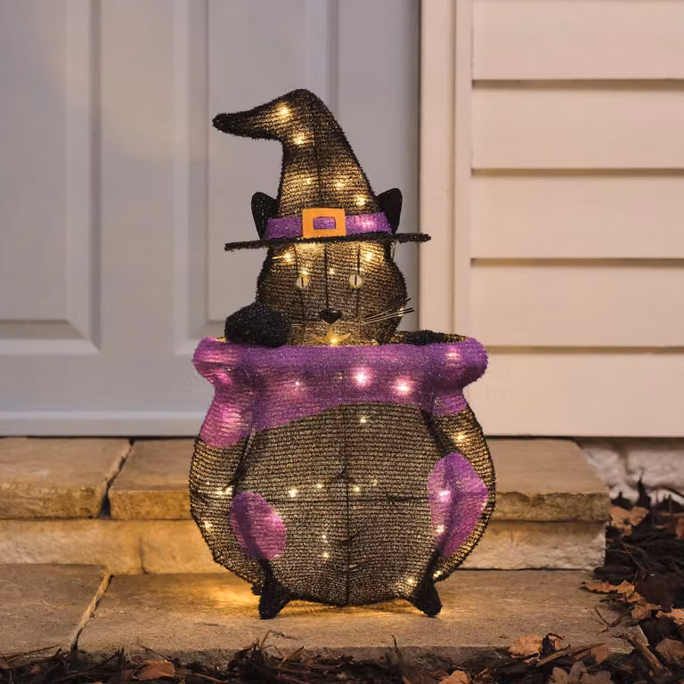 Lights4fun Cauldron Cat Outdoor LED Halloween Figure in Black and White, H 57.0 cm x W 33.0 cm x D 20.0 cm