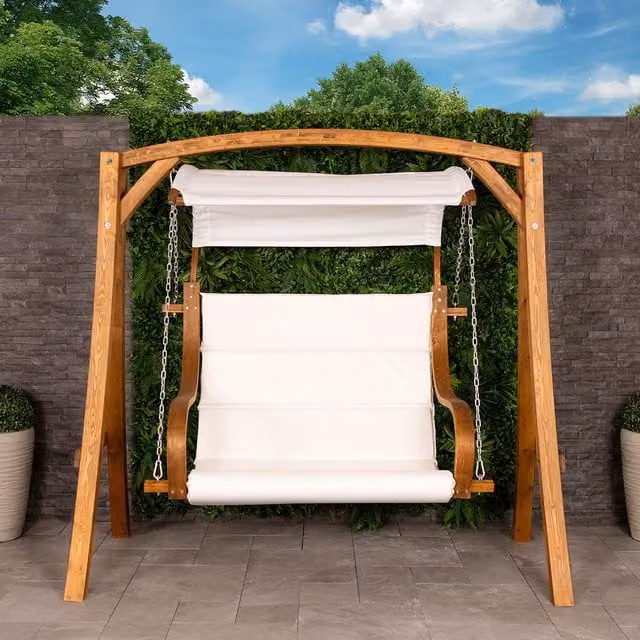 Charles Bentley Rustic Larch Wooden 2-3 Seater Outdoor Swing Seat with Sun Canopy and Weatherproof Cushions in Brown and White