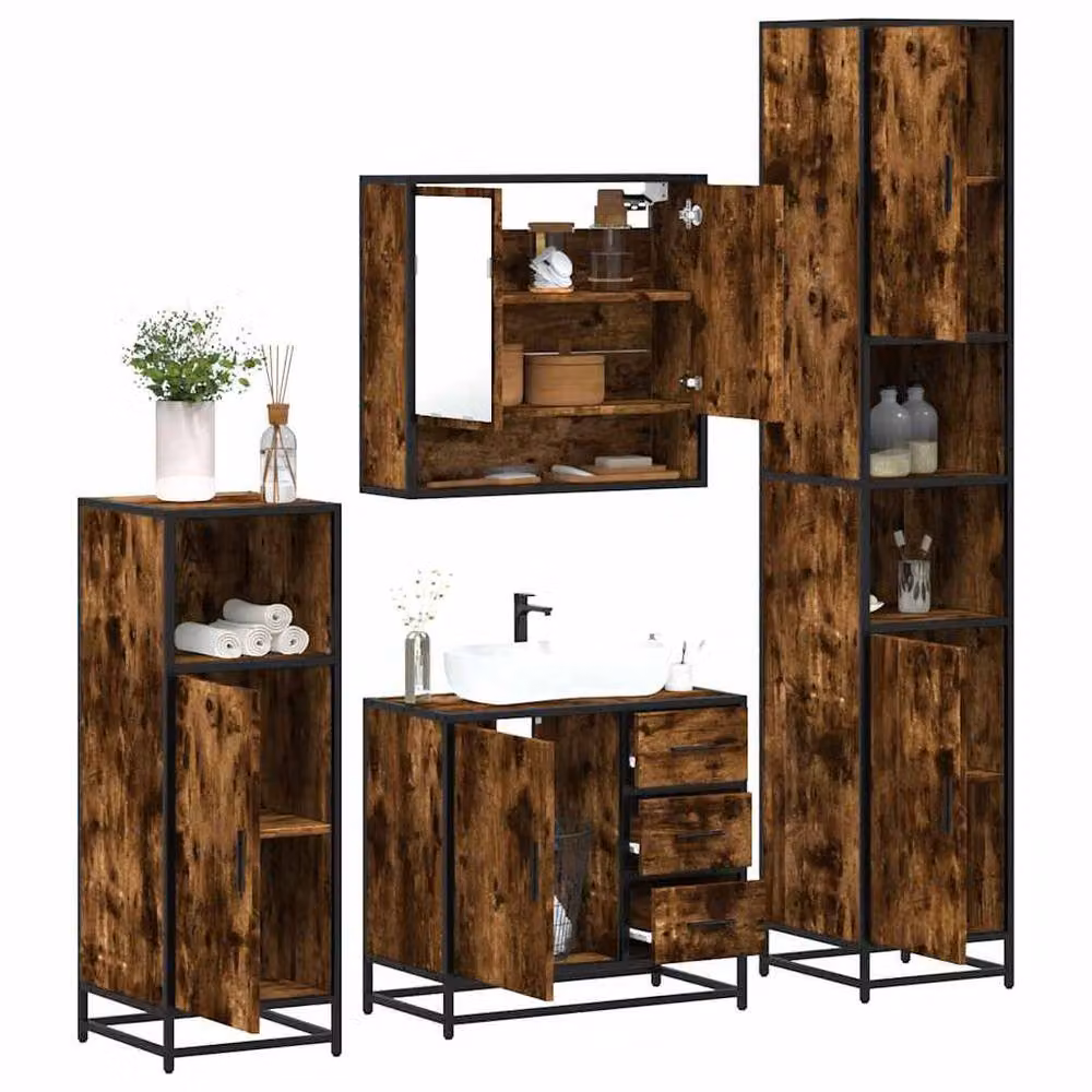 Berkfield Home 4-Piece Industrial Bathroom Furniture Set in Smoked Oak Brown – 2