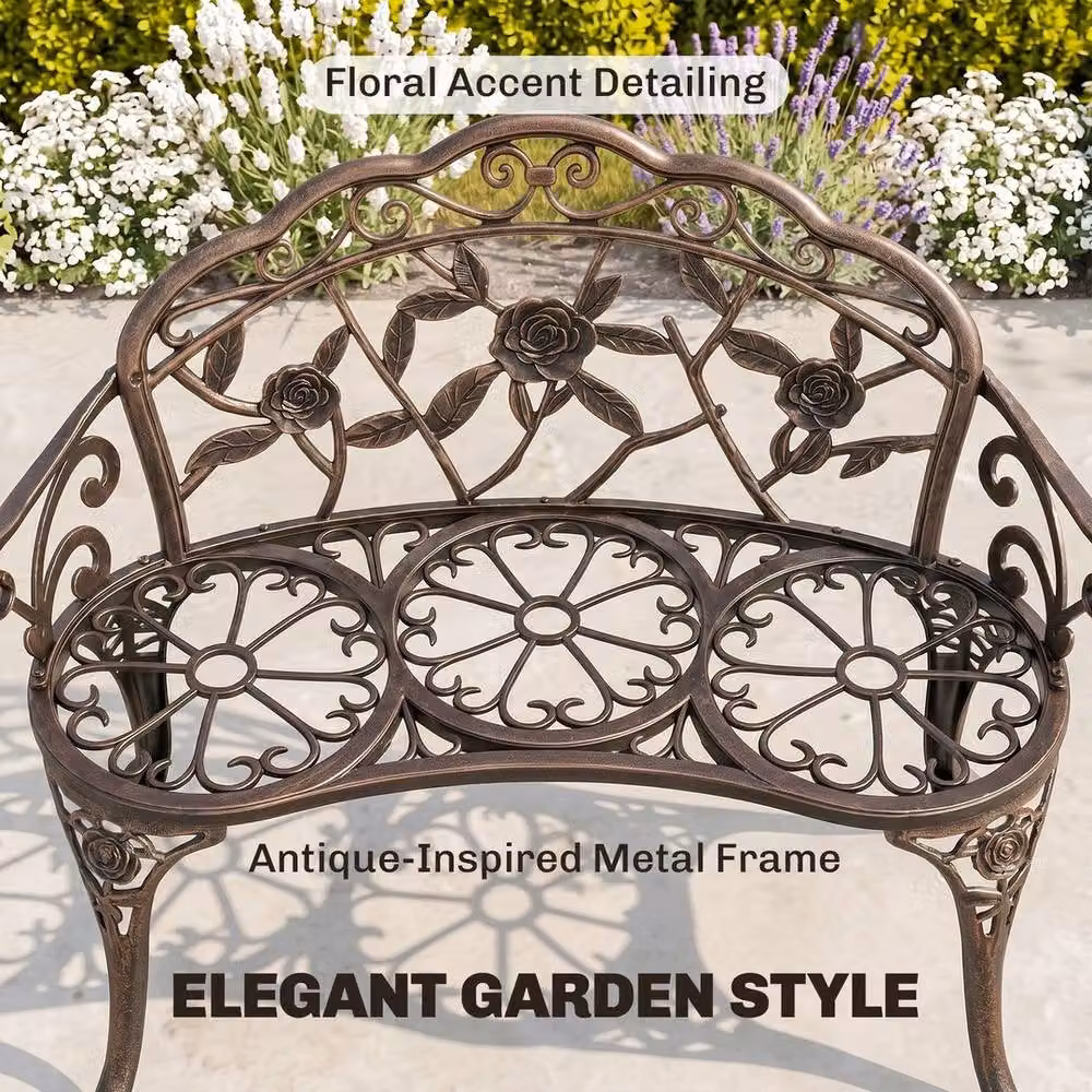 KORVIXA Vintage Floral Metal Garden Bench in Matt Bronze – 3