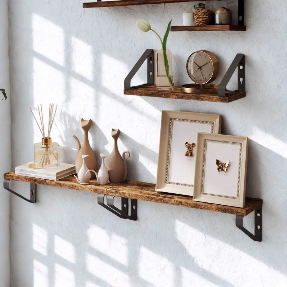 Pirlo Plush Set of 3 Industrial Rustic Brown Wall Mounted Reversible Shelves – 3