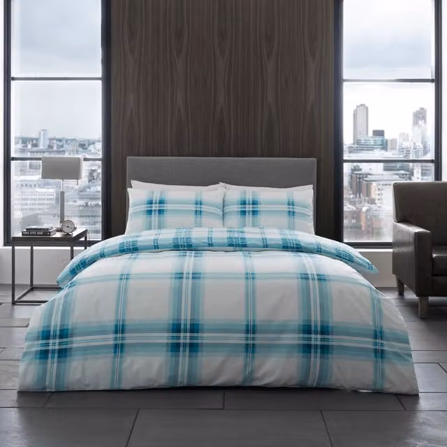 Smart Living Polycotton Bardsley Check Duvet Cover and Pillowcase Set in Petrol Blue, King Size (Duvet Cover: 180 x 200 cm, Pillowcases: 50 x 75 cm)