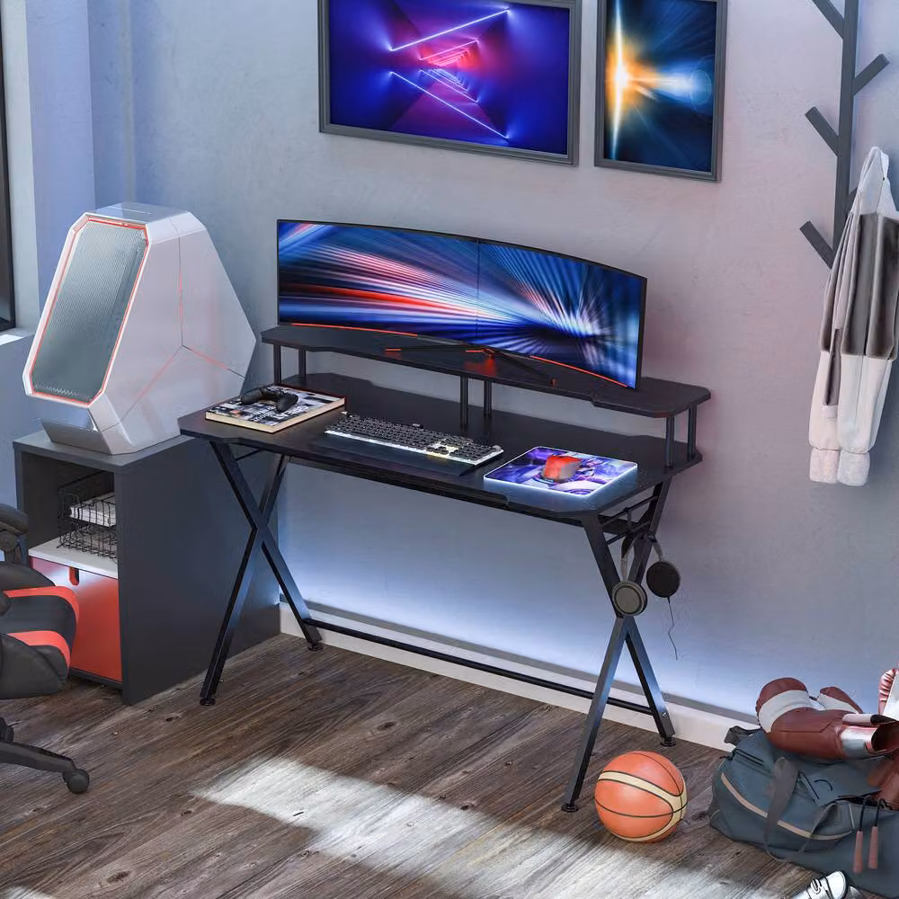 STILVORA Black Gaming Desk with Shelf and Hook – 2
