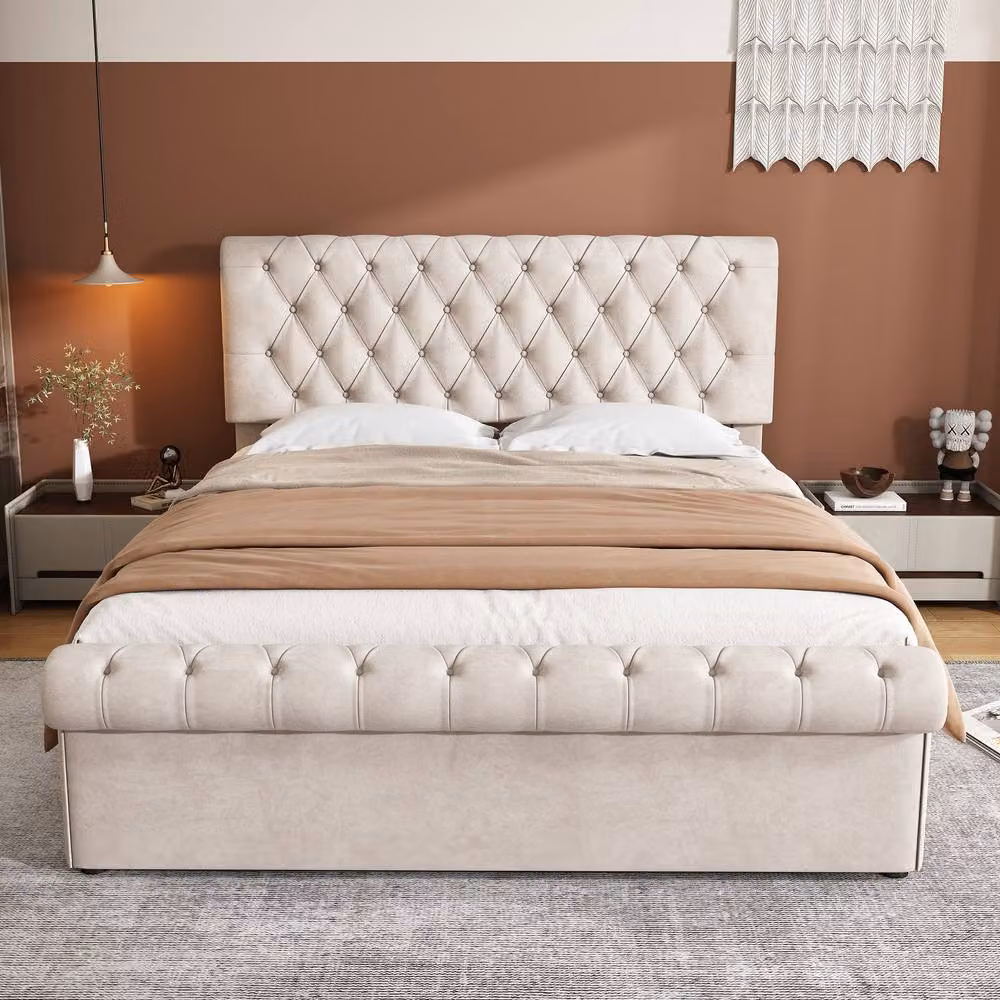 Matteo Luxurious Velvet Button-Tufted Sleigh Storage Double Bed in Beige – 2