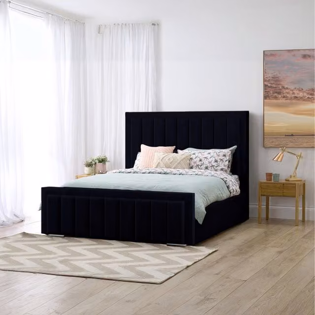 Desire Deco Alondrea Upholstered Panel Bed in Black Velvet, W/D/H: 120 x 200 cm