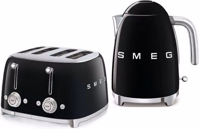 Smeg 50s Style Kettle and 4 Slice Toaster Set in Black Stainless Steel