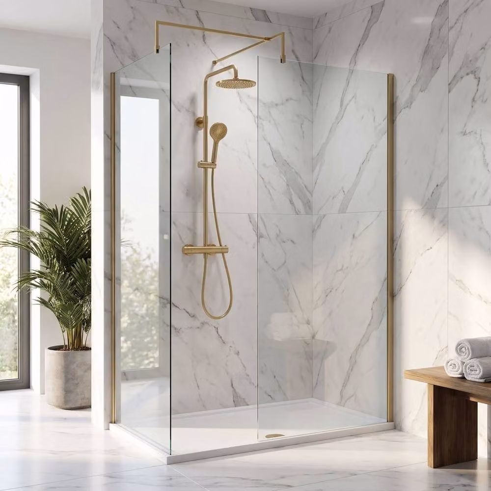 Balterley Walk-In Wetroom Bundle with Rectangular Tray and Fixed Glass in Brushed Brass Gold, W: 1400 mm, D: 700 mm – 2