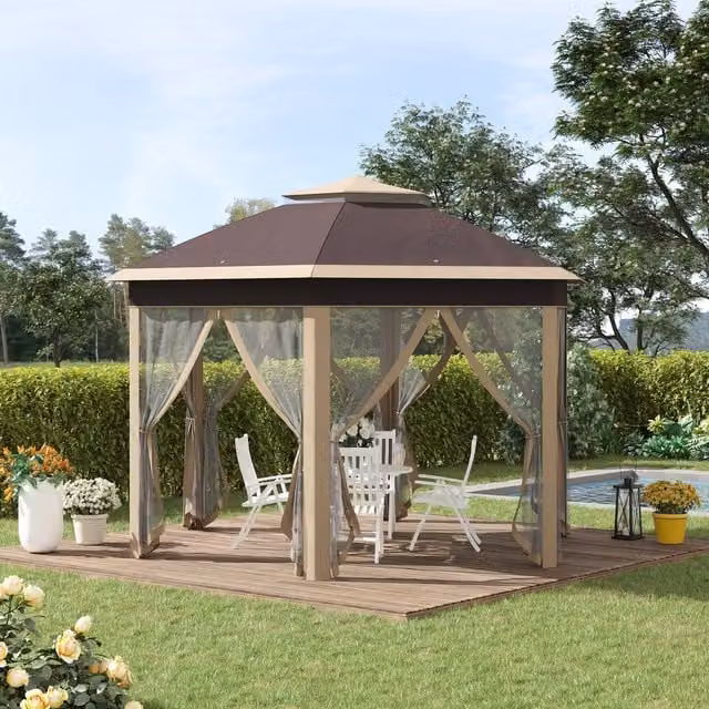 Outsunny Hexagon Gazebo with Metal Frame, Khaki