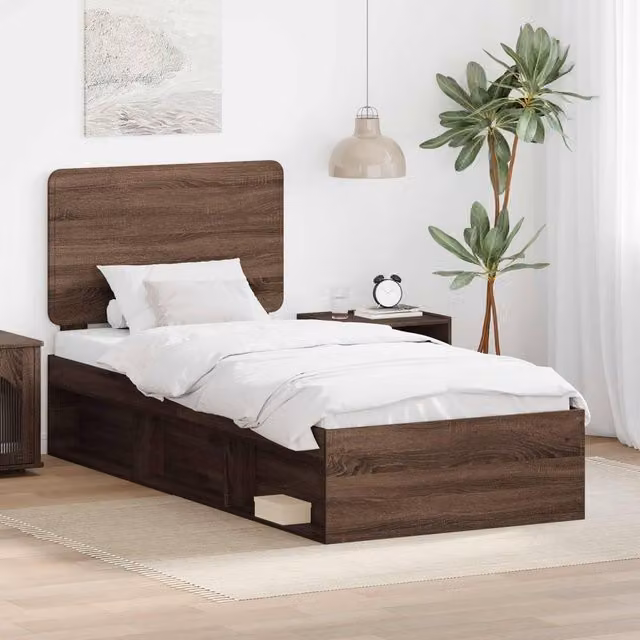 Berkfield Home Bed Frame with Headboard in Brown Oak and Solid Pine Wood, W/D/H: 100 x 200 cm – 1