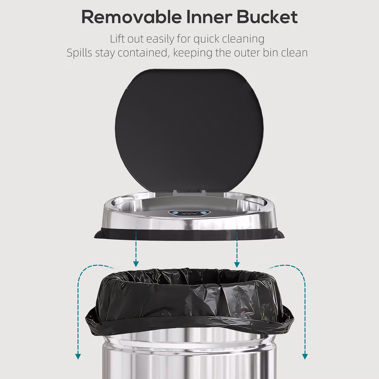 HOMCOM 42L Stainless Steel Sensor Bin in Silver Tone with Soft-Close Lid and Removable Inner Bucket – 5