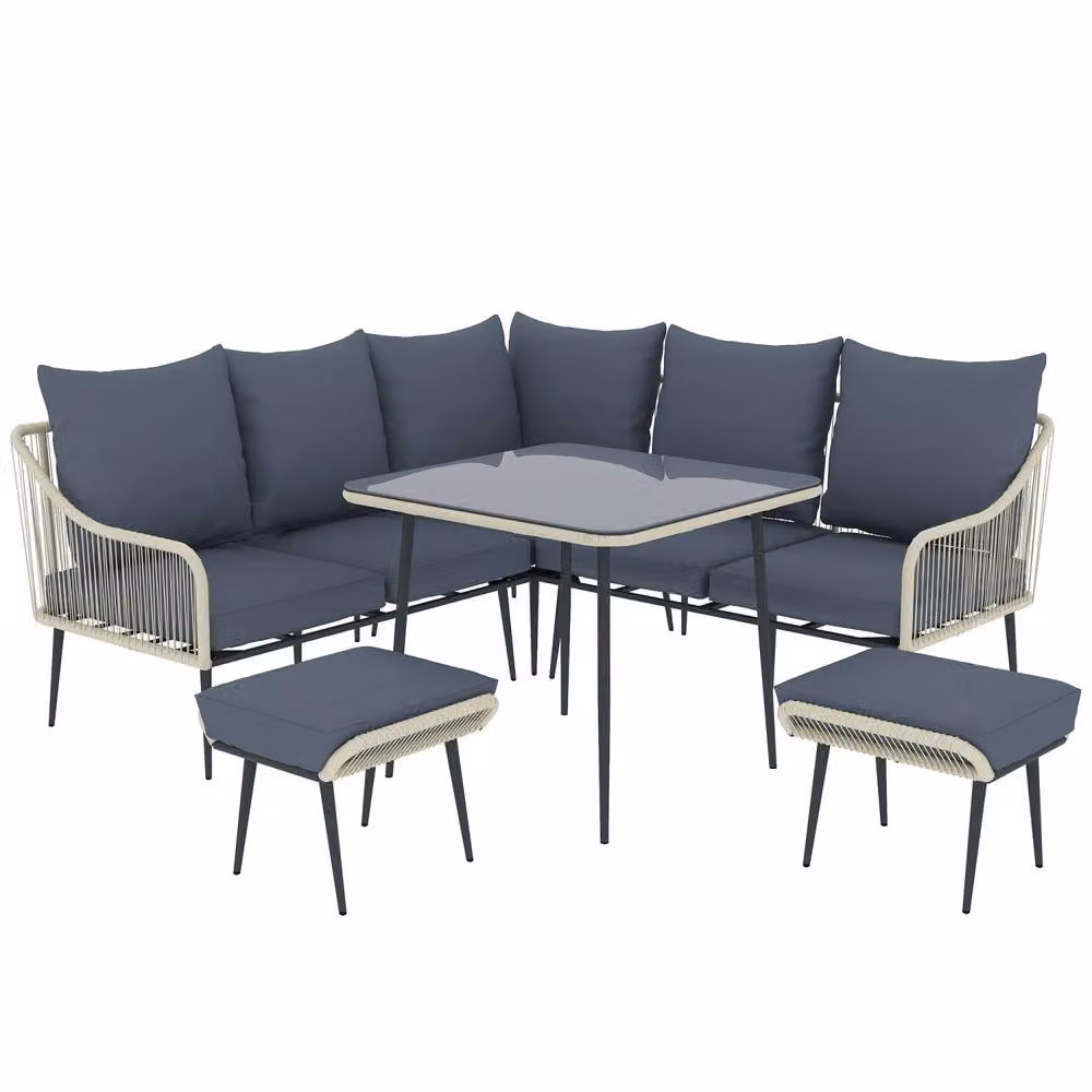 Wyld Haus Vika 7 Seater Dark Grey Rattan Garden Sofa Set with Coffee Table and Stools – 2