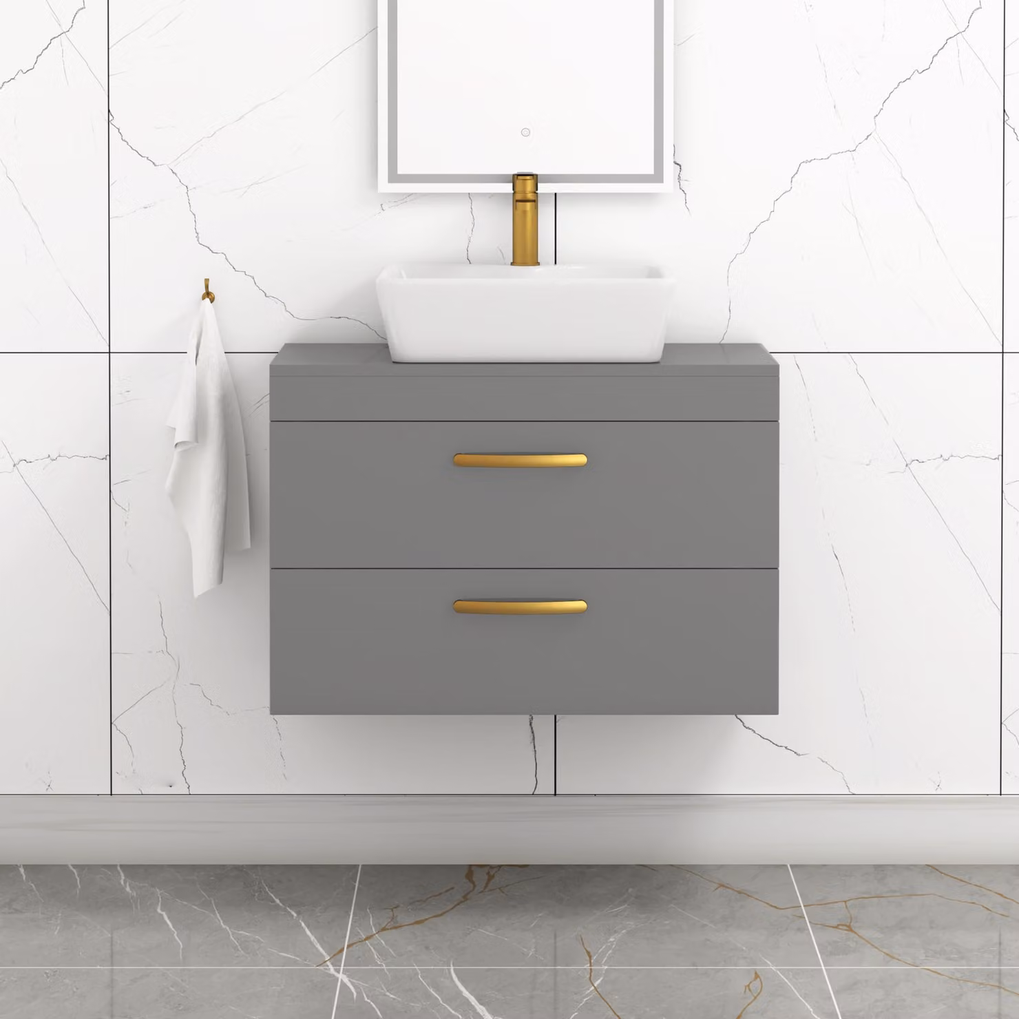 Royal Bathrooms 800mm Wall Hung Vanity Unit with 2 Drawers and Cube Countertop Basin in Indigo Grey Gloss with Brushed Brass Handle