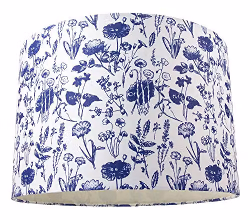 Happy Homewares White Cotton Cylinder Drum Lamp Shade with Blue Floral Decoration and Inner Lining