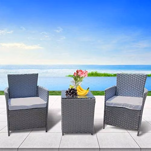 Chusstang 3 Piece Rattan Bistro Set with 2 Lounge Armchairs, Glass Top Coffee Table and Upholstered Cushions in Grey and Beige