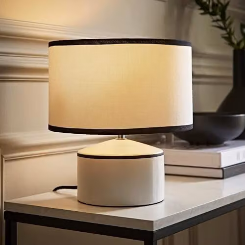 ValueLights Julia Ceramic Table Lamp with White Linen Shade and Bulb in Black and White – 1
