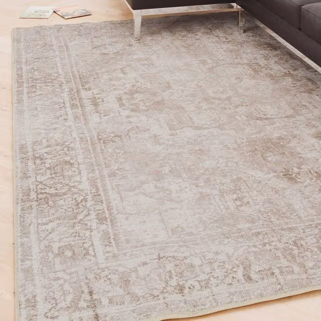Kukoon Distressed Beige Soft Chenille Washable Living Room Area Rug W: 280 cm, D: 380 cm – 1