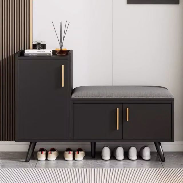 Matteo Modern Black Shoe Bench and Storage Cabinet with Adjustable Shelves – 1