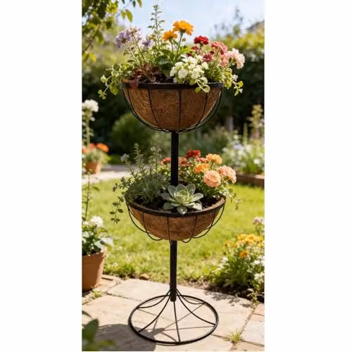 Gr8 Garden 2 Tier Metal Flower Fountain Planter with Coco Liners in Black – 3