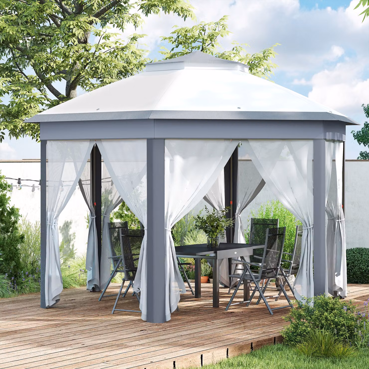 Outsunny Grey Hexagon Pop Up Garden Gazebo with Metal Frame, W: 3.4 m, D: 4.05 m, H: 2.85 m – 7