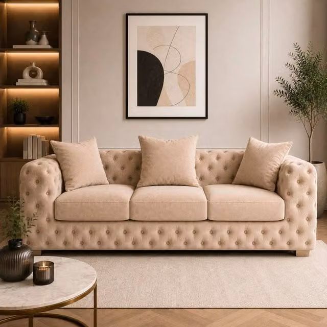Stratus Interiors Ashley Luxe Chesterfield Scatter Back L-Shape Sofa in Beige – 1