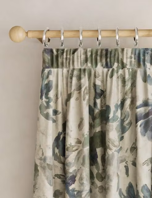 M&S Blue Mix Floral Cotton Blend Pencil Pleat Fabric Panel Curtains