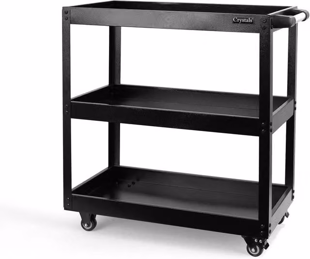 Crystals 3 Tier Heavy Duty Tool Storage Cart with Wheels, Black, W: 52 cm, D: 52 cm, H: 74 cm
