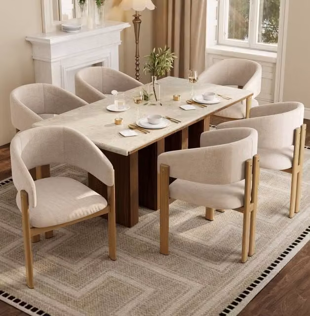 BTM Set of 6 Linen Dining Chairs with Metal and Wood Frames in Beige and Brown