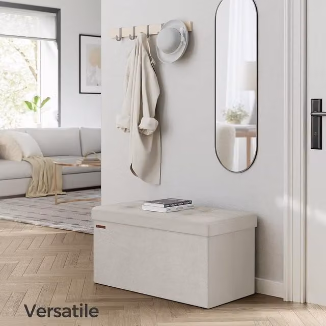 SONGMICS Velvet Storage Ottoman, Foldable Small Foot Rest in White