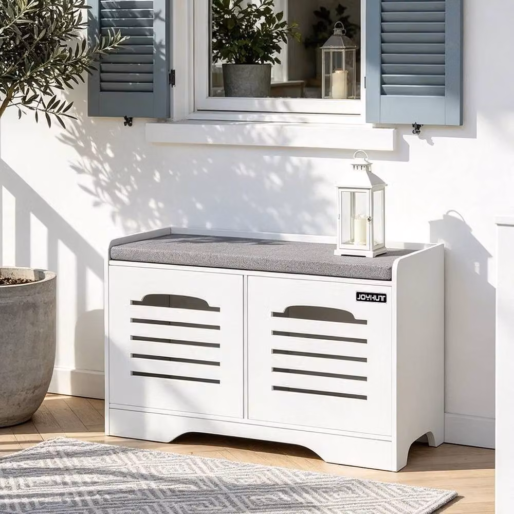 EONLION White Wooden Shoe Storage Cabinet with Integrated Seat and Tilting Compartments, Width: 100 cm, Height: 32 cm, Depth: 32 cm – 5