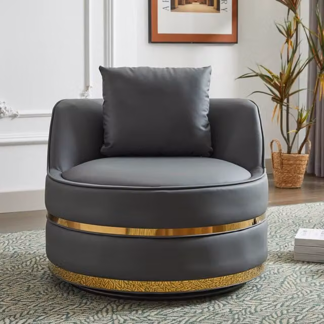 Matteo Grey Synthetic Leather 360 Degree Swivel Barrel Accent Chair with Gold Trim – 1