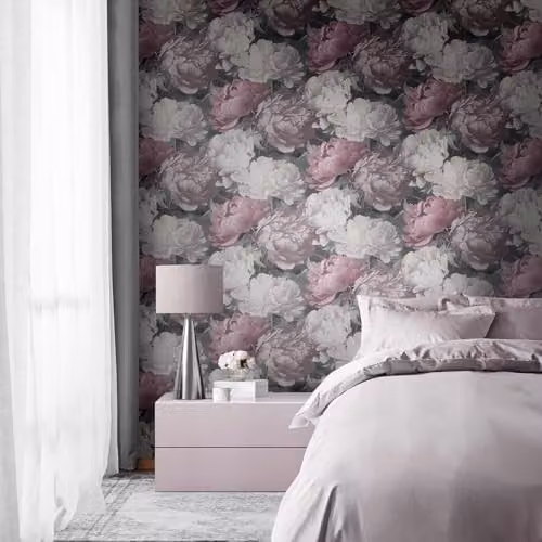 Muriva Doretta Bold Floral Textured Vinyl Wallpaper in Pink and Grey – 2